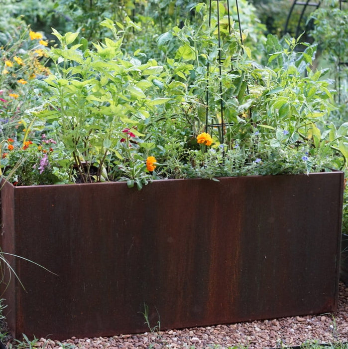 Corten steel raised garden bed with lush vegetables, herbs, orange marigolds, and a trellis on gravel.
