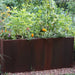 Corten steel raised garden bed with lush vegetables, herbs, orange marigolds, and a trellis on gravel.