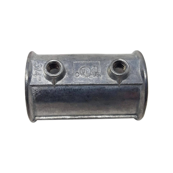 3/4" EMT electrical conduit set screw coupling, CUL US listed, galvanized steel.