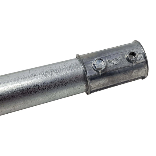 Galvanized 3/4" electrical conduit pipe connected to a UL-listed set-screw coupler. Metal EMT/rigid fitting.