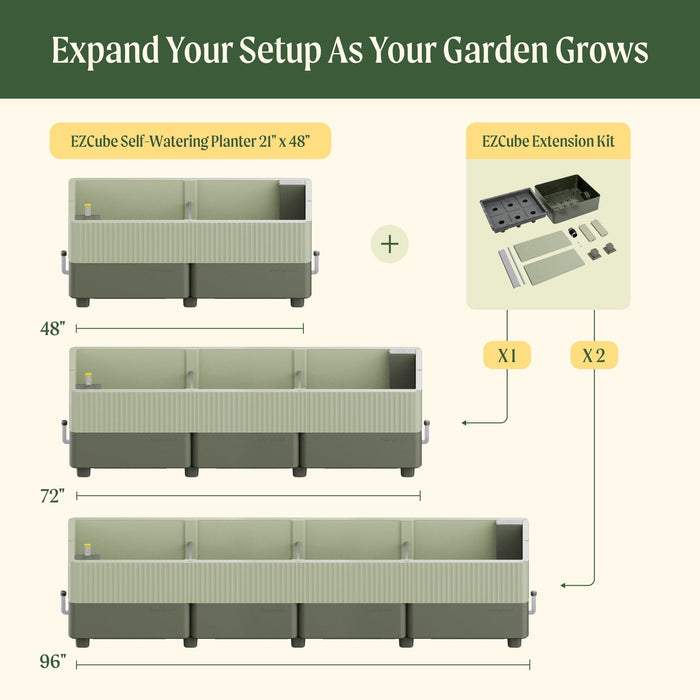 EZCube self-watering planter system expands from 48" to 96" long using extension kits. Modular raised garden beds.