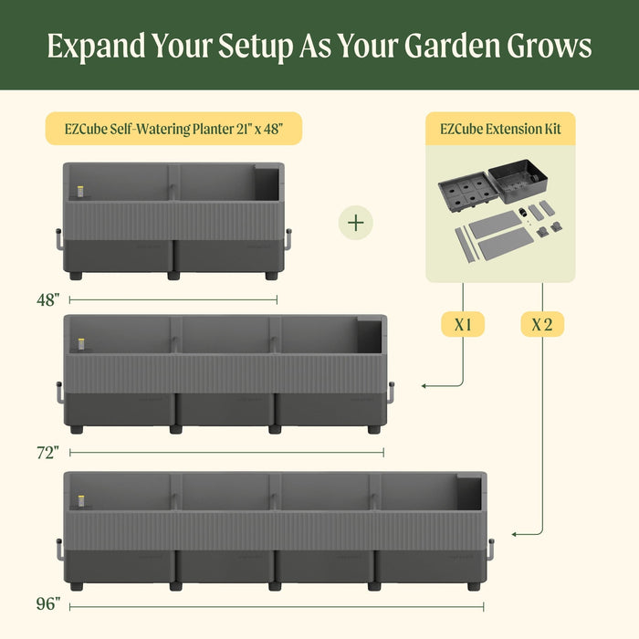 Modular EZCube self-watering raised garden bed system, expanding from 48 to 96 inches with extension kits.