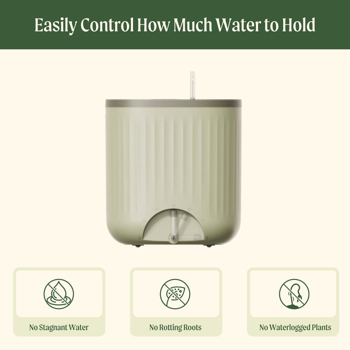 Light green self-watering plant pot with adjustable water level control. Prevents root rot, stagnant water, and waterlogged plants.