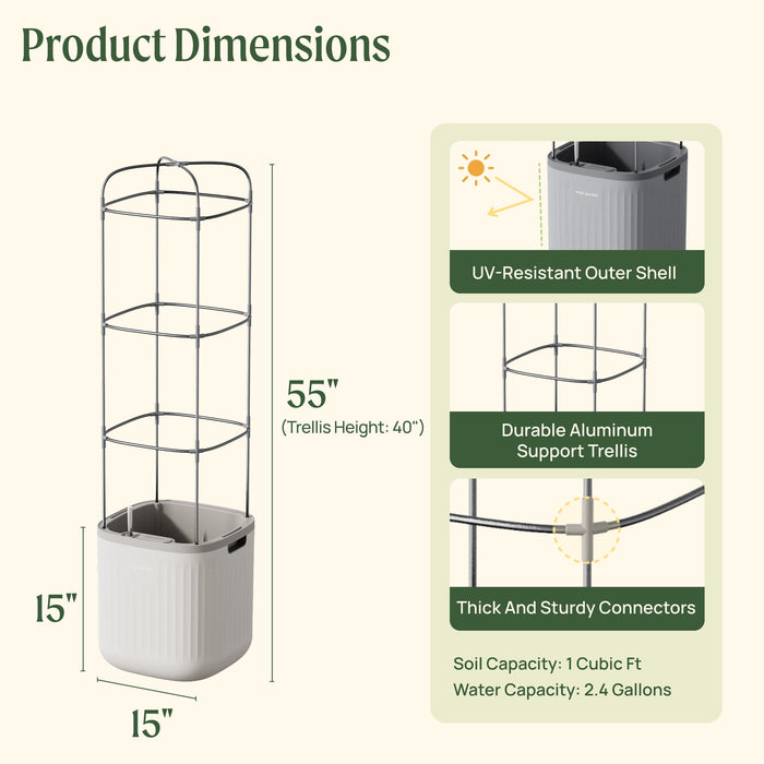55" tall gray planter pot with durable aluminum support trellis. UV-resistant, 15"x15" base, 1 cu ft soil, 2.4 gal water capacity.