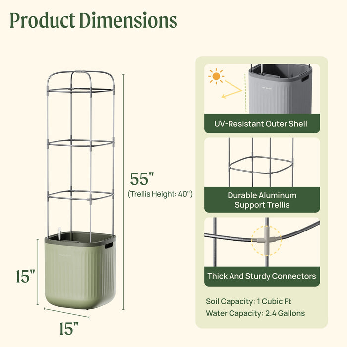 Vertical garden self-watering planter with 55-inch aluminum trellis. UV-resistant pot 15"H x 15"W. Soil 1 cu ft, water 2.4 gal.