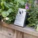 ECO Wood Treatment non-toxic, VOC-free wood stain box on a wooden surface with lush garden plants and flowers.