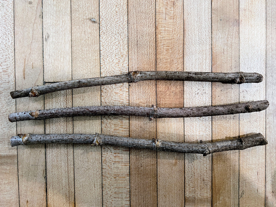 Three natural branches across light wood planks. Rustic texture, organic craft, natural decor.
