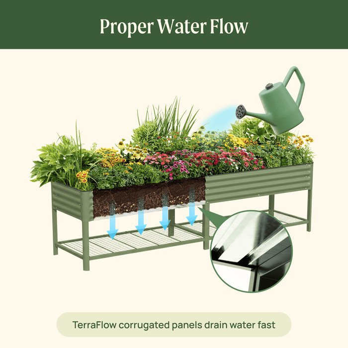TerraFlow raised garden bed with corrugated panels demonstrating proper water flow and efficient drainage for plants.
