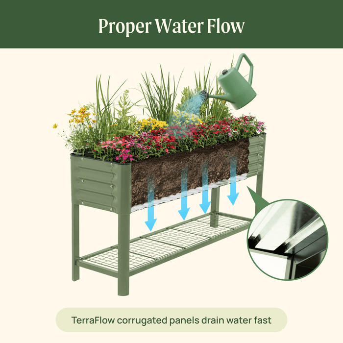 Green raised garden bed with colorful flowers, watering can, and cutaway showing TerraFlow corrugated panels for proper water drainage.