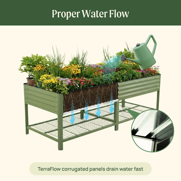 Green raised garden bed with plants, watering can, illustrating TerraFlow corrugated panels for fast, efficient water drainage.