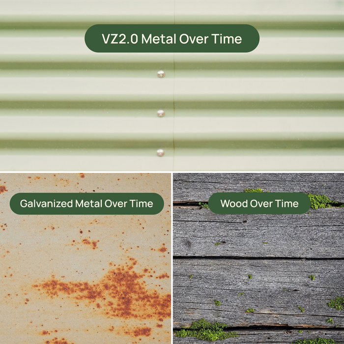VZ2.0 metal (top) shows no wear, contrasted with rusted galvanized metal and mossy weathered wood, highlighting durability.