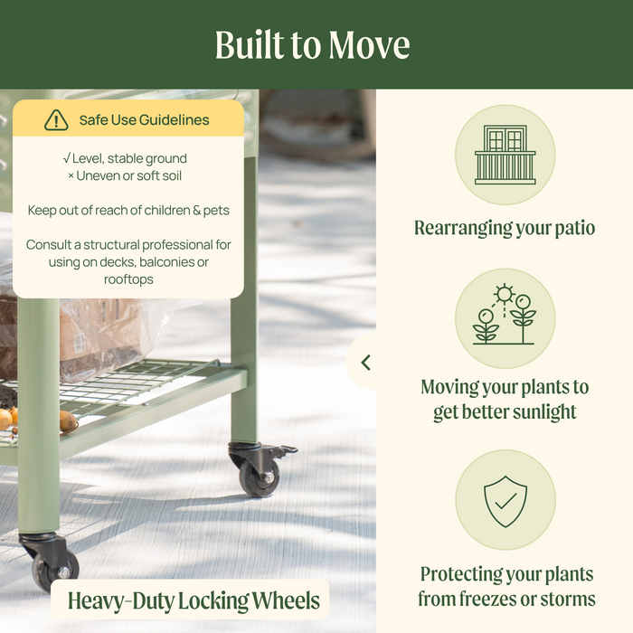 Green mobile utility cart with heavy-duty locking wheels for patio plant moving and garden storage.