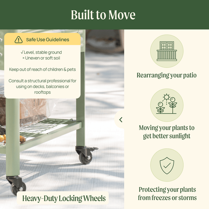 Sage green rolling patio cart with heavy-duty locking wheels, perfect for moving plants, garden supplies, or rearranging outdoor spaces.