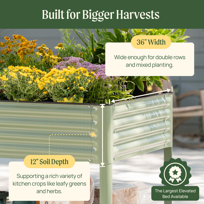Green corrugated steel elevated garden bed filled with colorful flowers, herbs, and vegetables. Features 36" width and 12" soil depth.