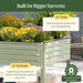 Green corrugated steel elevated garden bed filled with colorful flowers, herbs, and vegetables. Features 36" width and 12" soil depth.