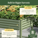 Green elevated garden bed, 30" width, 12" soil depth, growing leafy greens and orange flowers. Largest raised planter.
