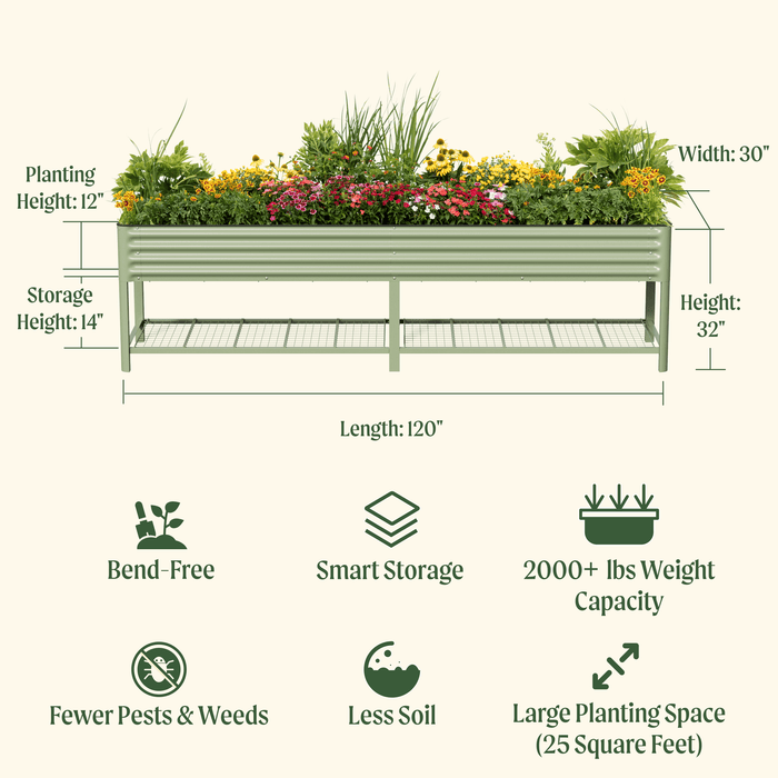 Green elevated metal garden bed with colorful flowers, 120"L x 30"W x 32"H, and lower storage shelf.