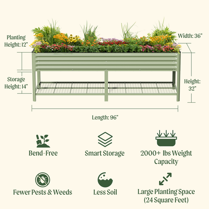 Large elevated sage green metal garden bed (96"Lx36"W) with colorful flowers & lower storage shelf. Bend-free gardening.