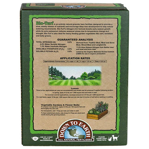 Green Bio-Turf natural lawn fertilizer box, Down To Earth brand. Guaranteed analysis & application rates for lawns, gardens.