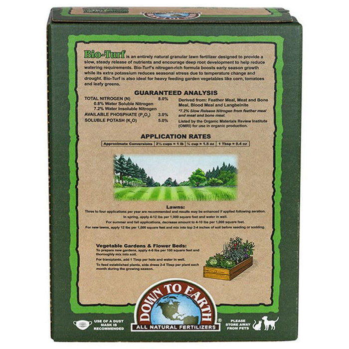 Green Bio-Turf natural lawn fertilizer box, Down To Earth brand. Guaranteed analysis & application rates for lawns, gardens.