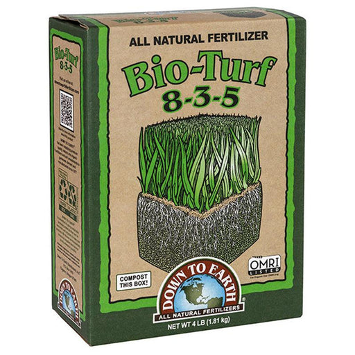 Down To Earth Bio-Turf 8-3-5 All Natural Fertilizer box. OMRI listed organic turf food for lush, healthy grass.