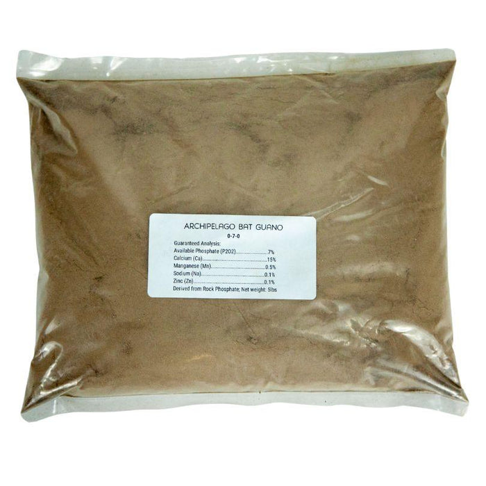 Archipelago Bat Guano 0-7-0 organic fertilizer bag. Rich in phosphate & calcium for plants. 5lbs soil amendment.