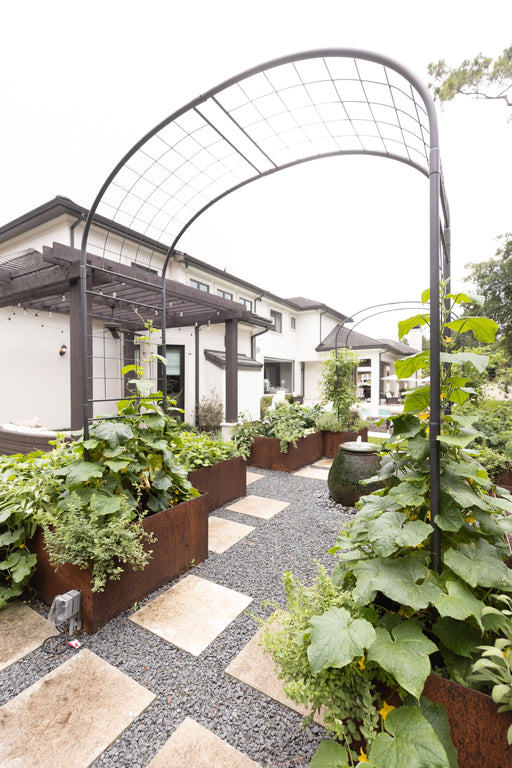 Modern backyard vegetable garden with Corten steel raised beds, arbors, lush plants, gravel path, and home patio.