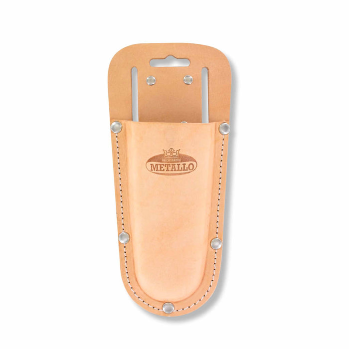 Tan leather tool holster with belt loop, Metallo logo. Sturdy stitched utility pouch for hand tools.
