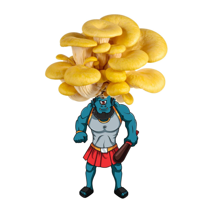 Blue cyclops troll with yellow oyster mushrooms on its head, holding a club. Fantasy creature.