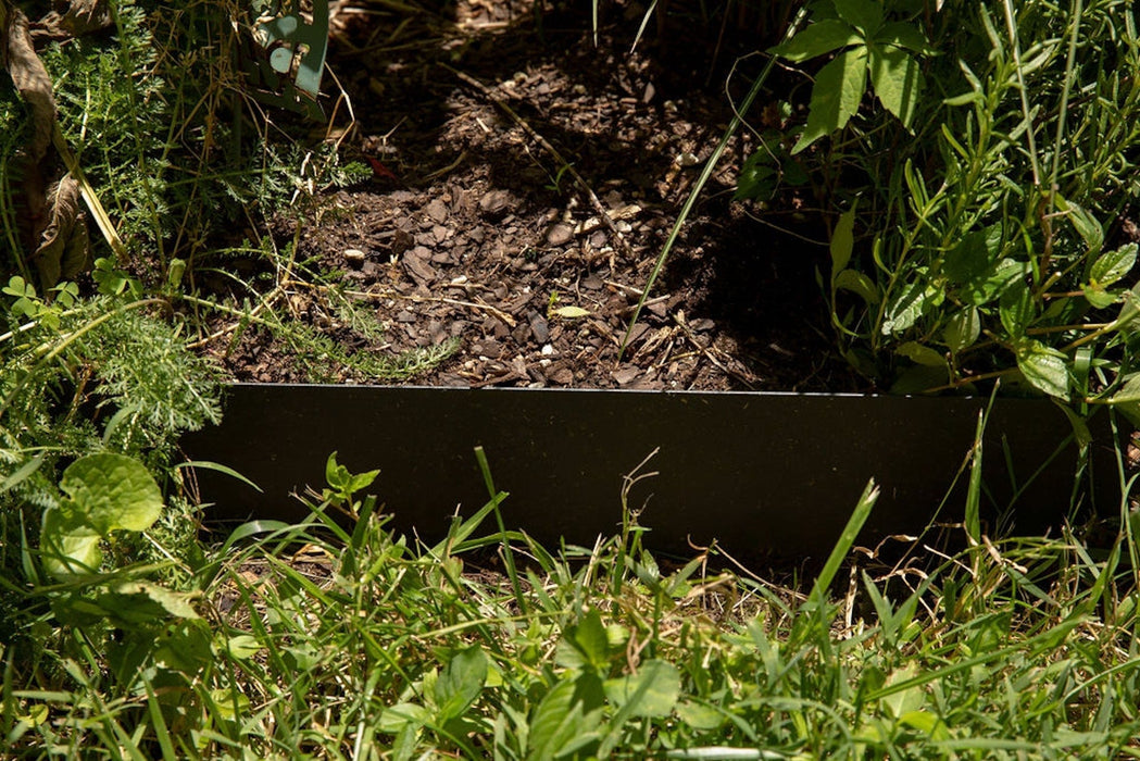 Metal landscape edging separating lush green grass from a mulched garden bed with various plants and herbs.