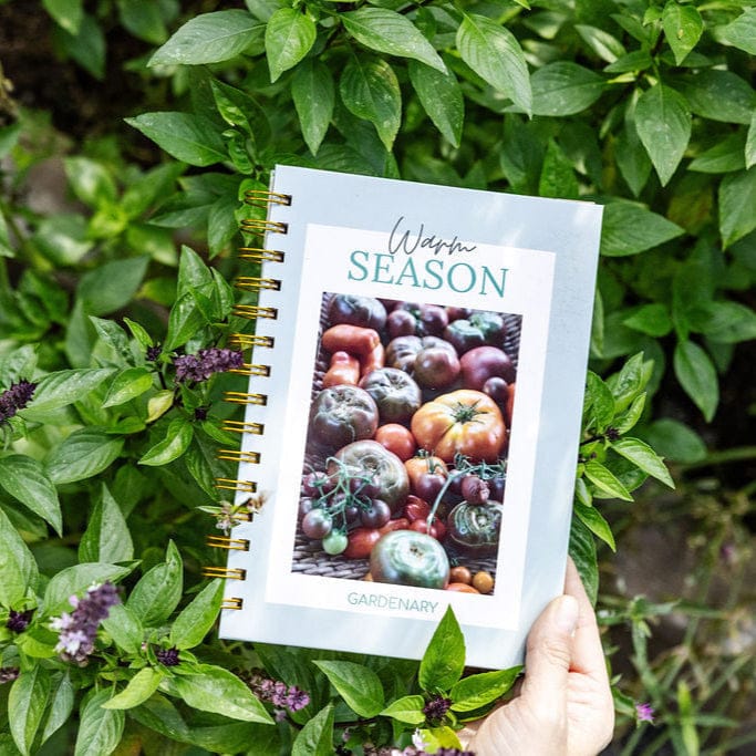 Warm Season Gardenary planner with heirloom tomatoes on cover, held amidst thriving green basil plants.