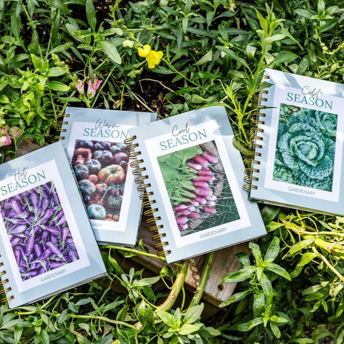 Gardenary seasonal planting guides: Hot (purple peppers), Warm (tomatoes), Cool (radishes), Cold (cabbage). Garden planners.