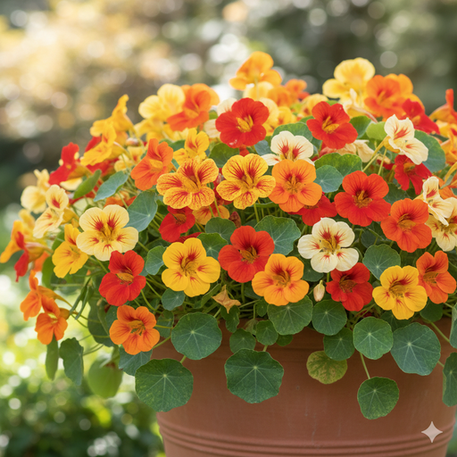 Vibrant nasturtium flowers in orange, red, yellow, and cream bloom in a terra cotta pot. Edible annuals for garden.