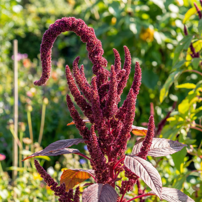 Cascading red Amaranth 'Love-Lies-Bleeding' plant with dense burgundy flower plumes in a garden.