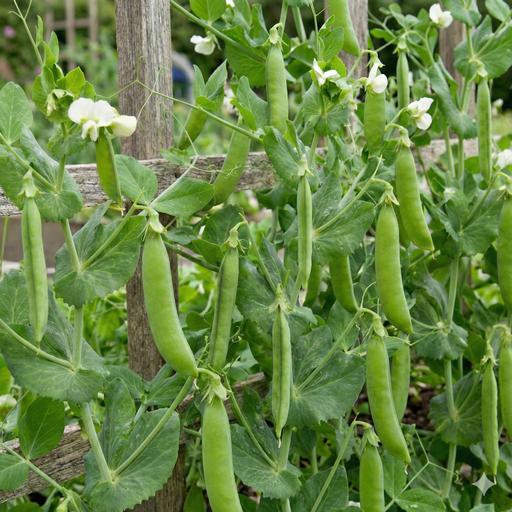 Fresh green pea pods and white flowers on vibrant pea plants climbing a garden trellis.