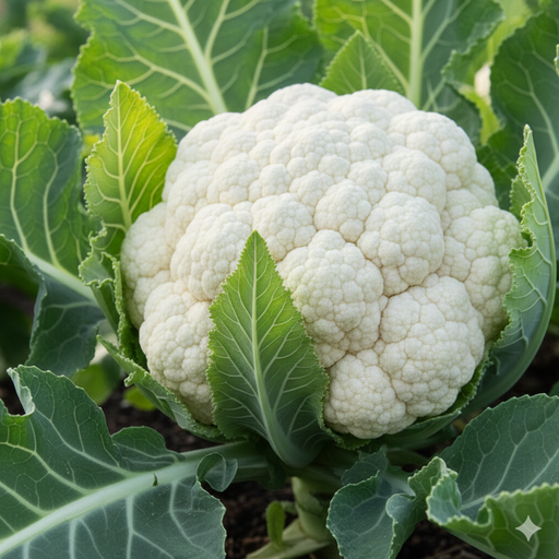 Fresh white cauliflower growing with vibrant green leaves in a garden.