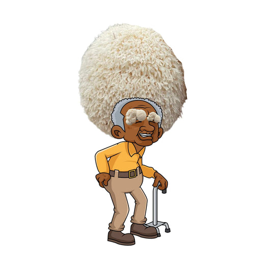 Cartoon senior man with huge white Lions Mane mushroom hair and eye covers, holding a quad-cane.