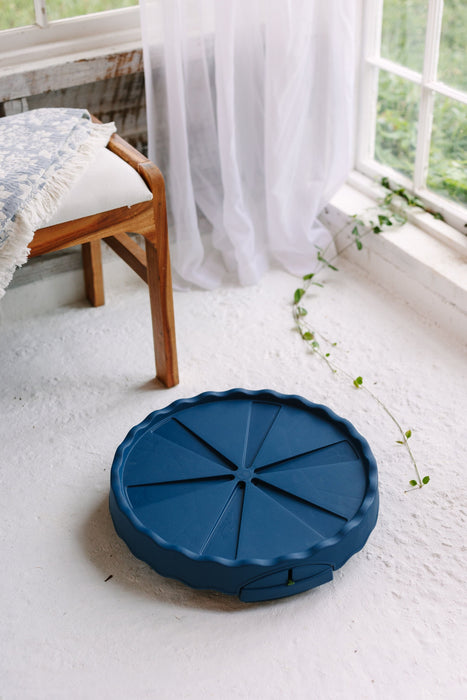 Blue round pizza carrier with 8 divided sections on white floor. Wooden chair, sheer curtains, window, green vine.
