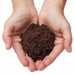Cupped hands holding dark brown, rich, fibrous soil. Perfect for gardening, planting, organic growth, and healthy plants.