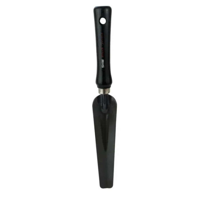 Black SHW hand trowel, a durable gardening tool for planting, digging, and transplanting. Features a hanging hole.