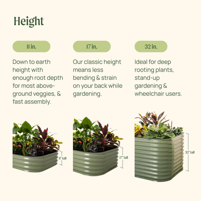 Three green corrugated raised garden beds: 11in for veggies, 17in for comfort, 32in for deep roots & accessible gardening.