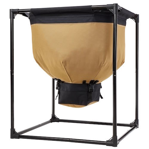 Collapsible tan & black fabric laundry hamper with metal frame, portable for camping & outdoor drying.