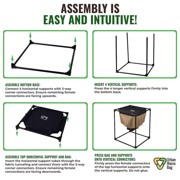 Urban Worm Bag composting bin assembly instructions. Easy 4-step setup guide for the frame and fabric bag.