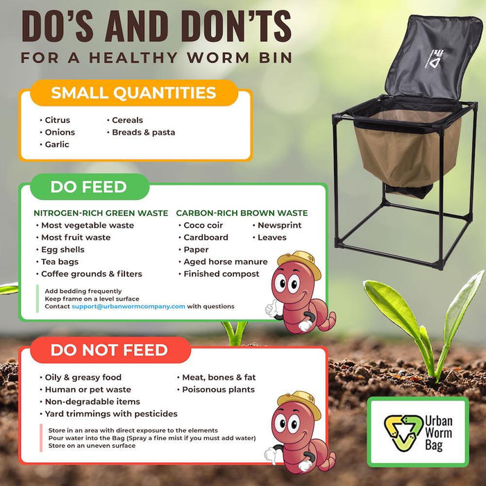 Urban Worm Bag vermicomposting guide. Do's and don'ts for feeding worms, including green & brown waste, and what to avoid.