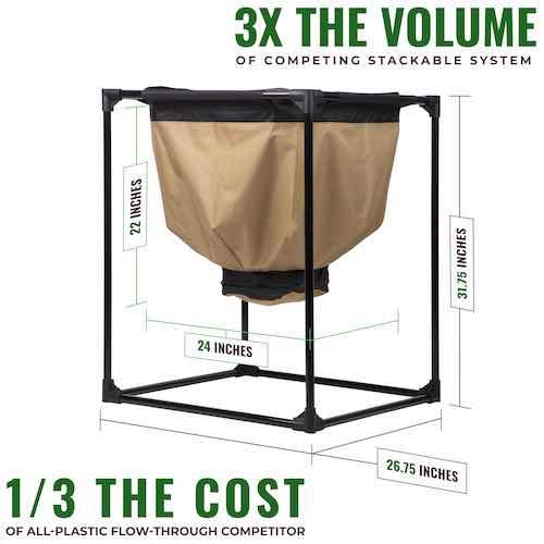 Tan fabric flow-through composting bin on black metal frame, 31.75"H. Offers 3X volume, 1/3 cost vs plastic.