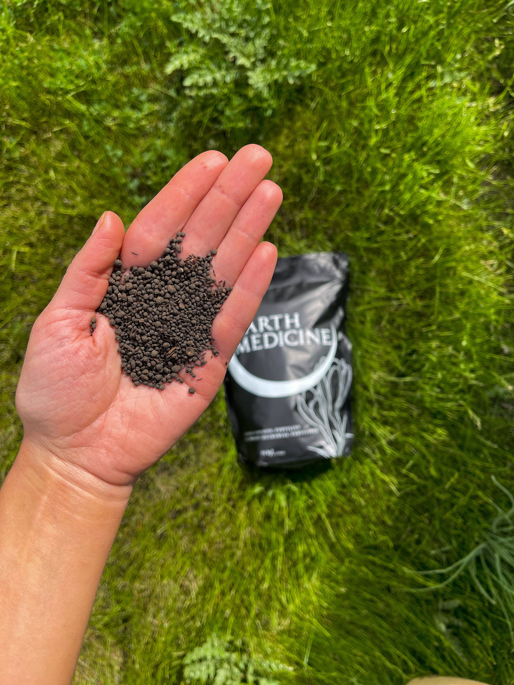 Hand holding dark granular plant food, 'Earth Medicine' brand bag on green grass. Organic garden fertilizer.