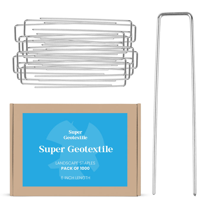 Super Geotextile 6-inch landscape staples for weed barrier fabric, 1000-pack U-shaped metal pins.