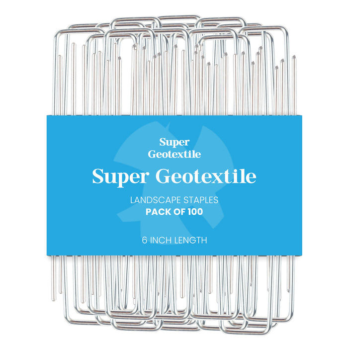 Super Geotextile 6-inch landscape staples, 100-pack. U-shaped ground cover pins for weed barrier, sod, irrigation.