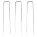 Three silver U-shaped metal landscape staples for securing sod, garden fabric, and irrigation hoses.