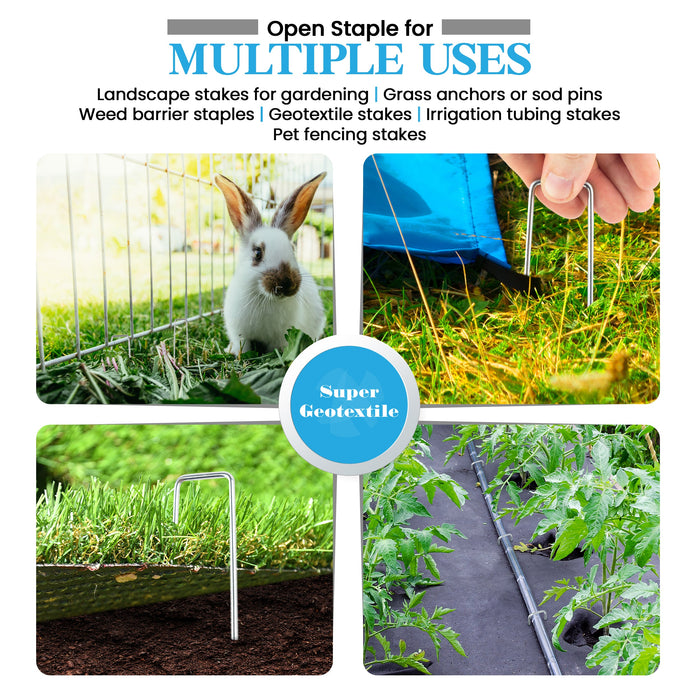 U-shaped landscape staples shown in multiple uses: securing pet fencing, weed barriers, irrigation tubing, sod, and geotextile fabric.